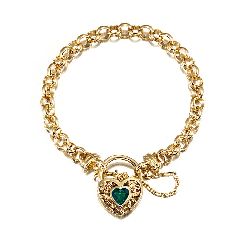18ct Heavy Yellow Gold Plated 6mm Belcher Chain Bracelet with a Green Filigree Locket - USA Made-0